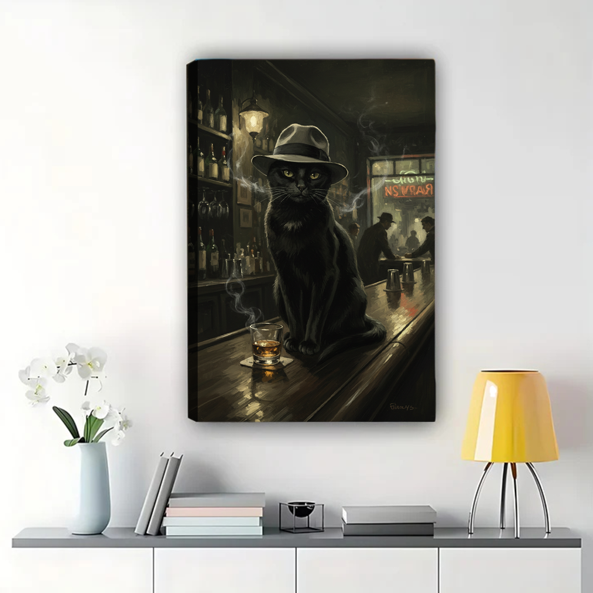 Black Cat in Fedora at Speakeasy - Noir Bar Art Print Canvas Wall Art