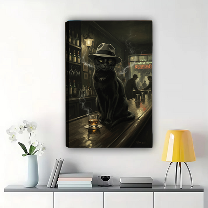 Black Cat in Fedora at Speakeasy - Noir Bar Art Print Canvas Wall Art