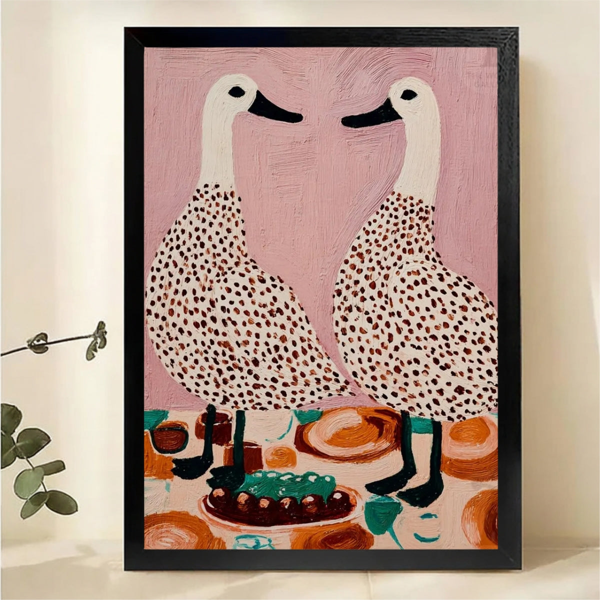 Two Spotted Geese at Dinner Table Wall Art - Whimsical Textured Oil Painting Canvas Print