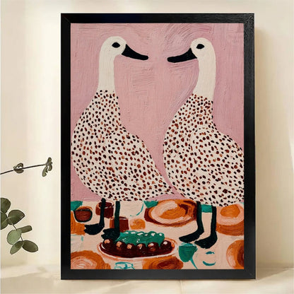 Two Spotted Geese at Dinner Table Wall Art - Whimsical Textured Oil Painting Canvas Print
