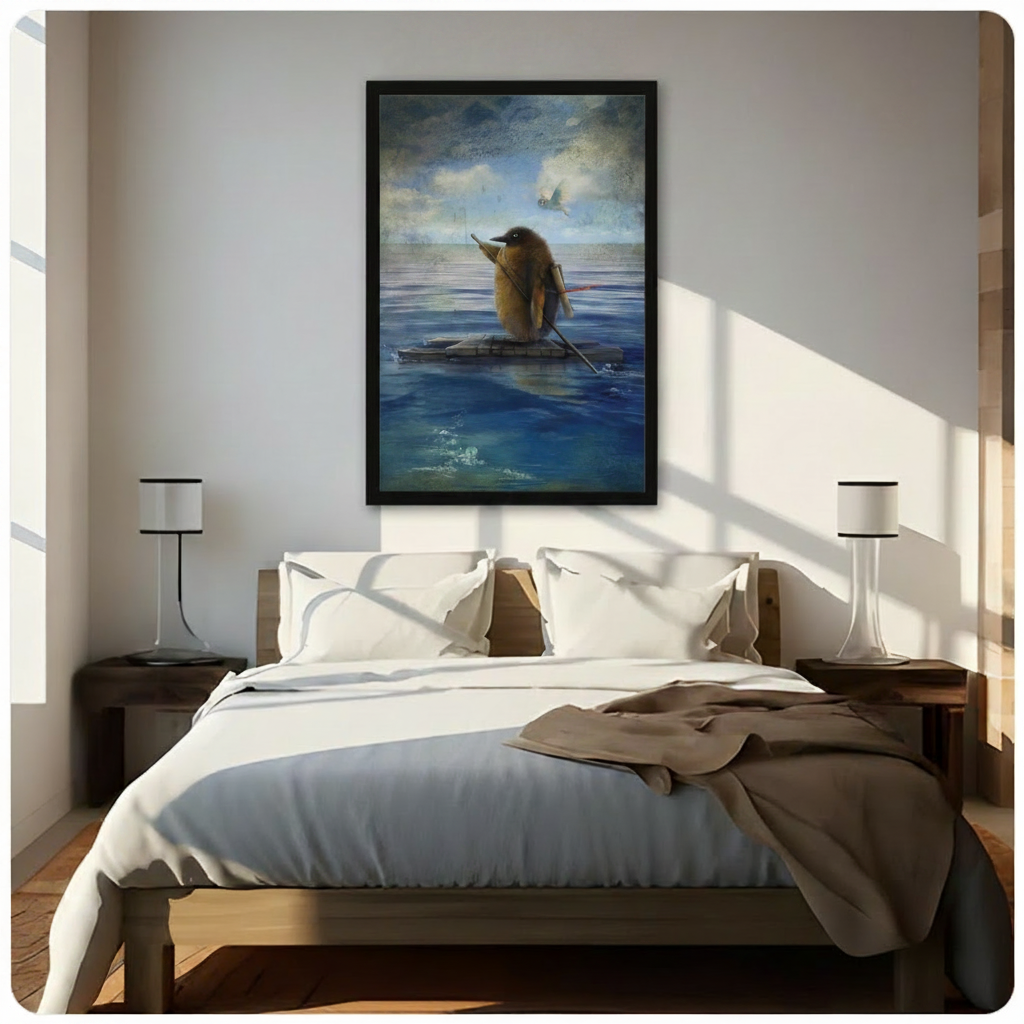 Penguin on Raft Surreal Ocean Canvas Wall Art