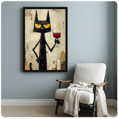 Black Cat Red Wine Impasto Canvas Wall Art
