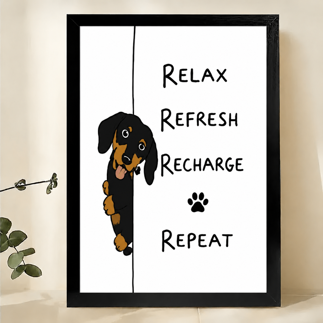 Relax Refresh Recharge Repeat Dachshund Wall Art – Funny Motivational Dog Canvas Print on Natural Wood Frame