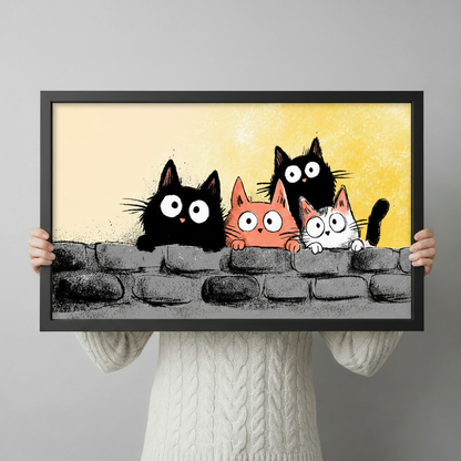 Four Cats Peeking Wall Whimsical Canvas Wall Art