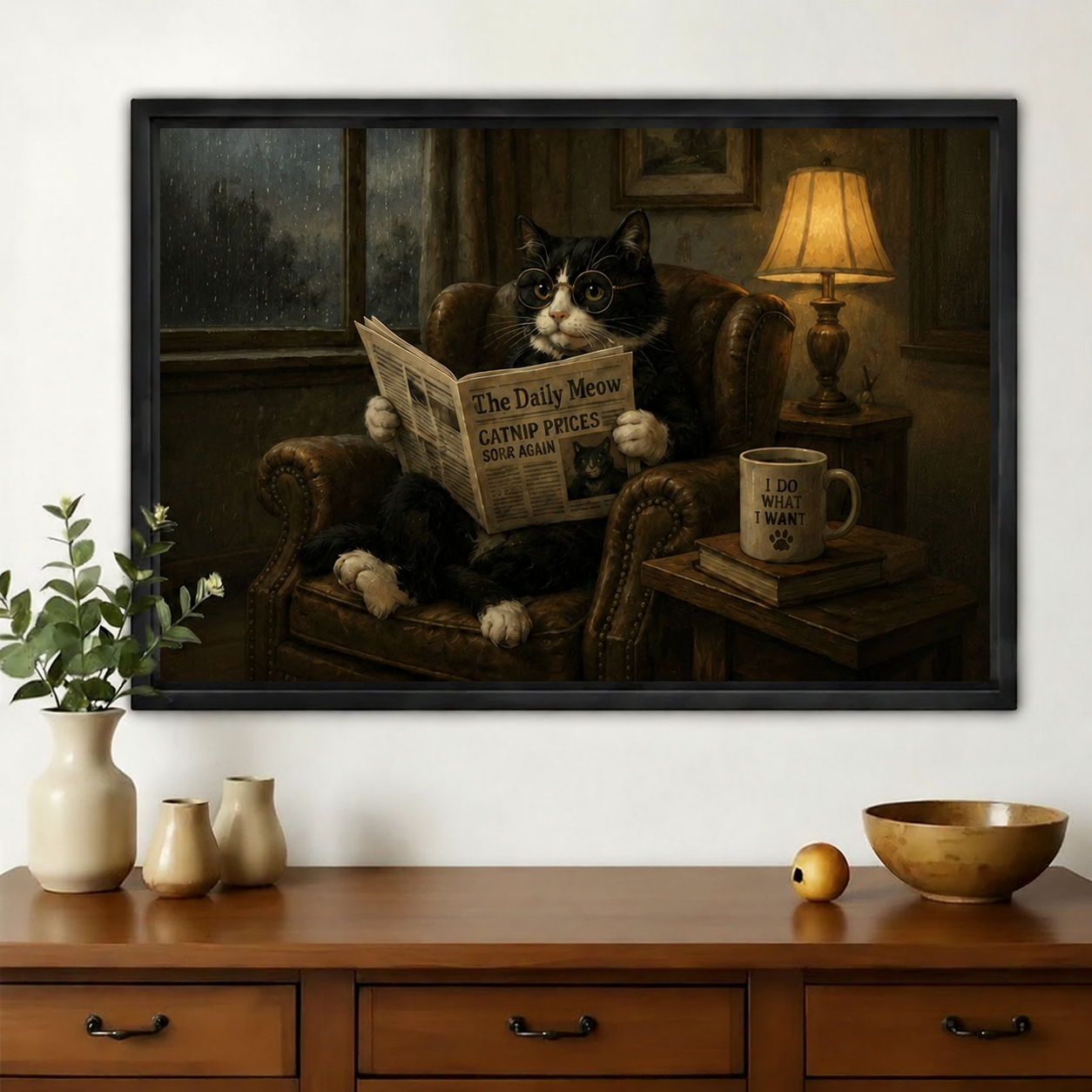 Tuxedo Cat Reading The Daily Meow Wall Art – Whimsical Dark Cat Canvas Print on Natural Wood Frame
