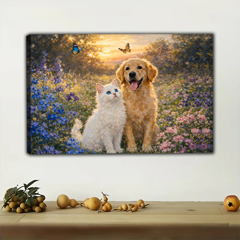 Golden Retriever and White Cat in Flower Garden - Impressionist Canvas Art
