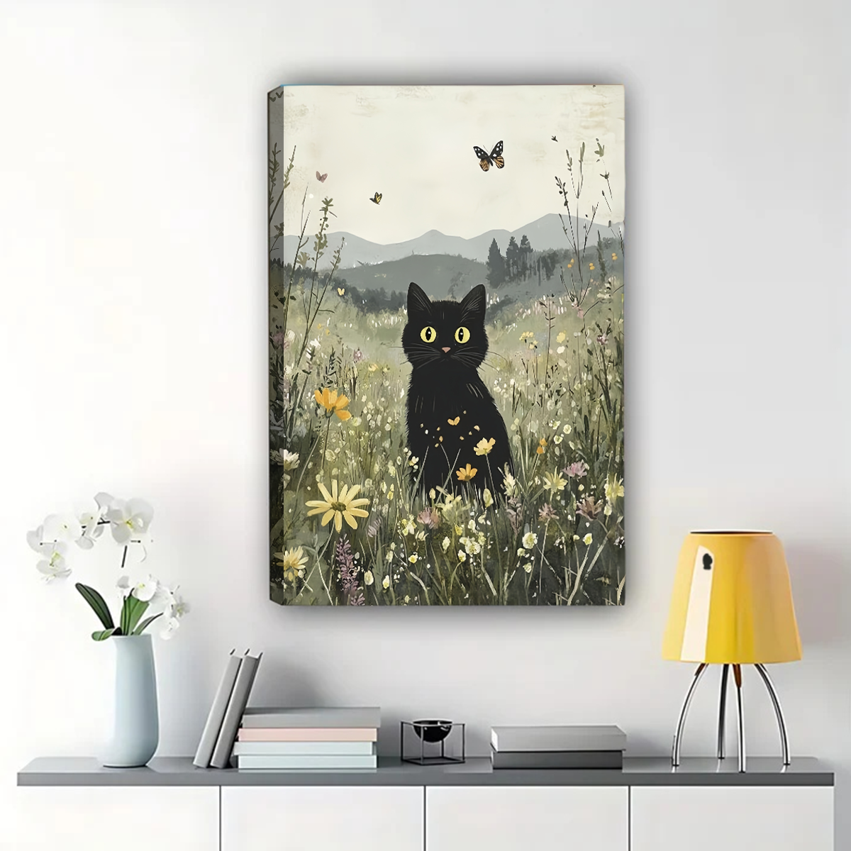 Black Cat in Wildflower Meadow Wall Art - Whimsical Nature Canvas Print