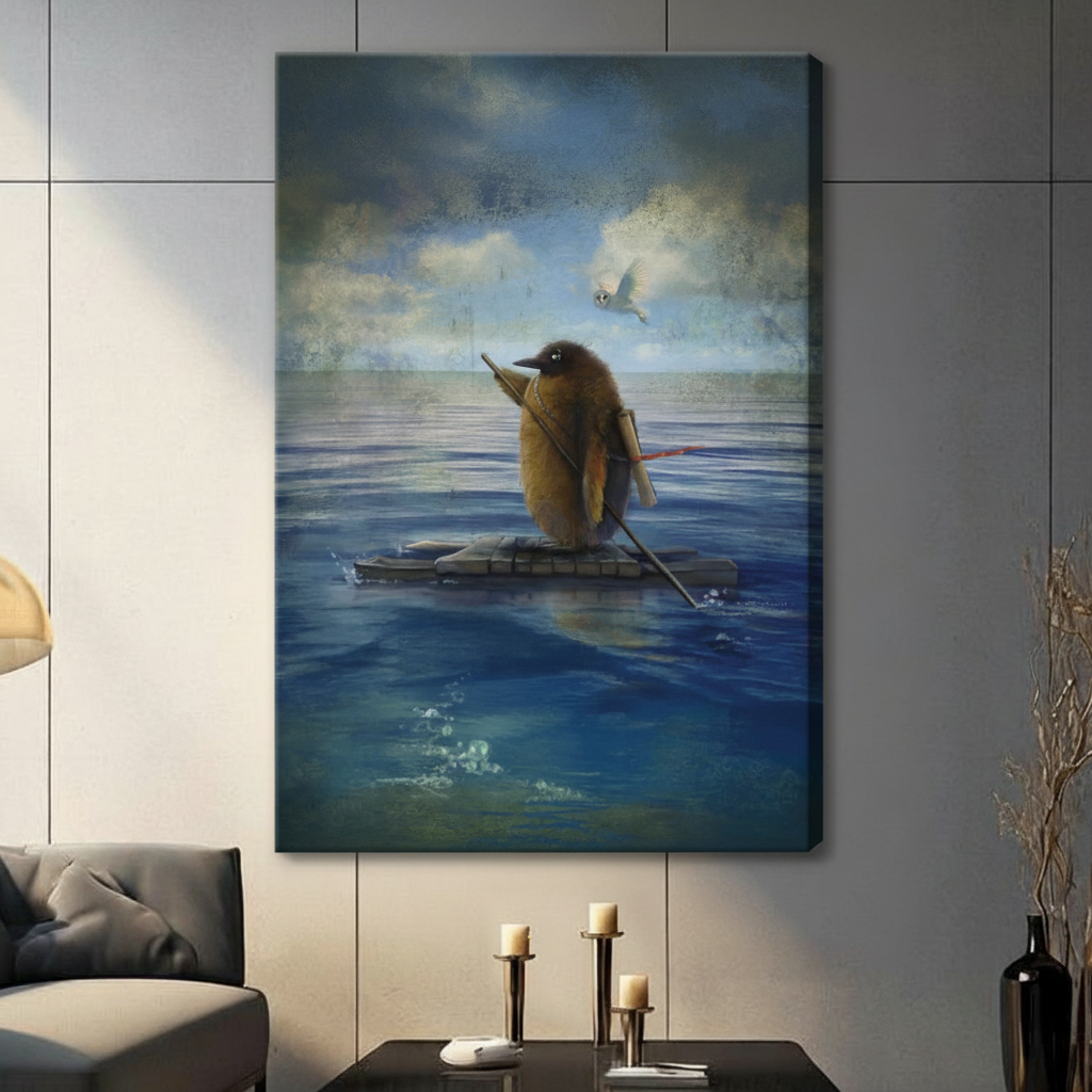 Penguin on Raft Surreal Ocean Canvas Wall Art