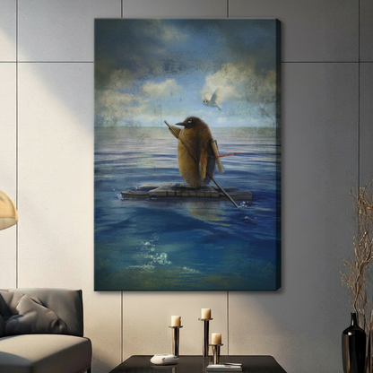 Penguin on Raft Surreal Ocean Canvas Wall Art