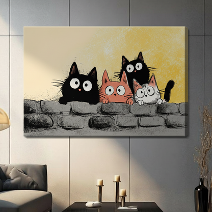 Four Cats Peeking Wall Whimsical Canvas Wall Art