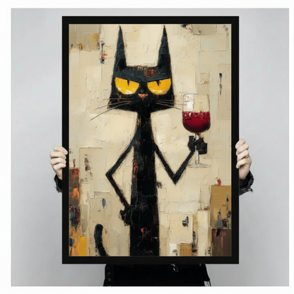Black Cat Red Wine Impasto Canvas Wall Art