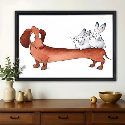 Dachshund with Bunnies Wall Art - Cute Cartoon Print