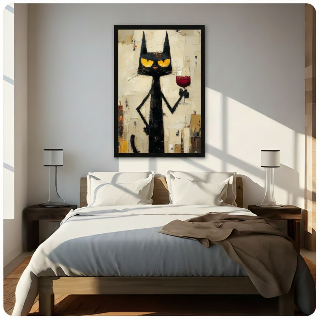 Black Cat Red Wine Impasto Canvas Wall Art