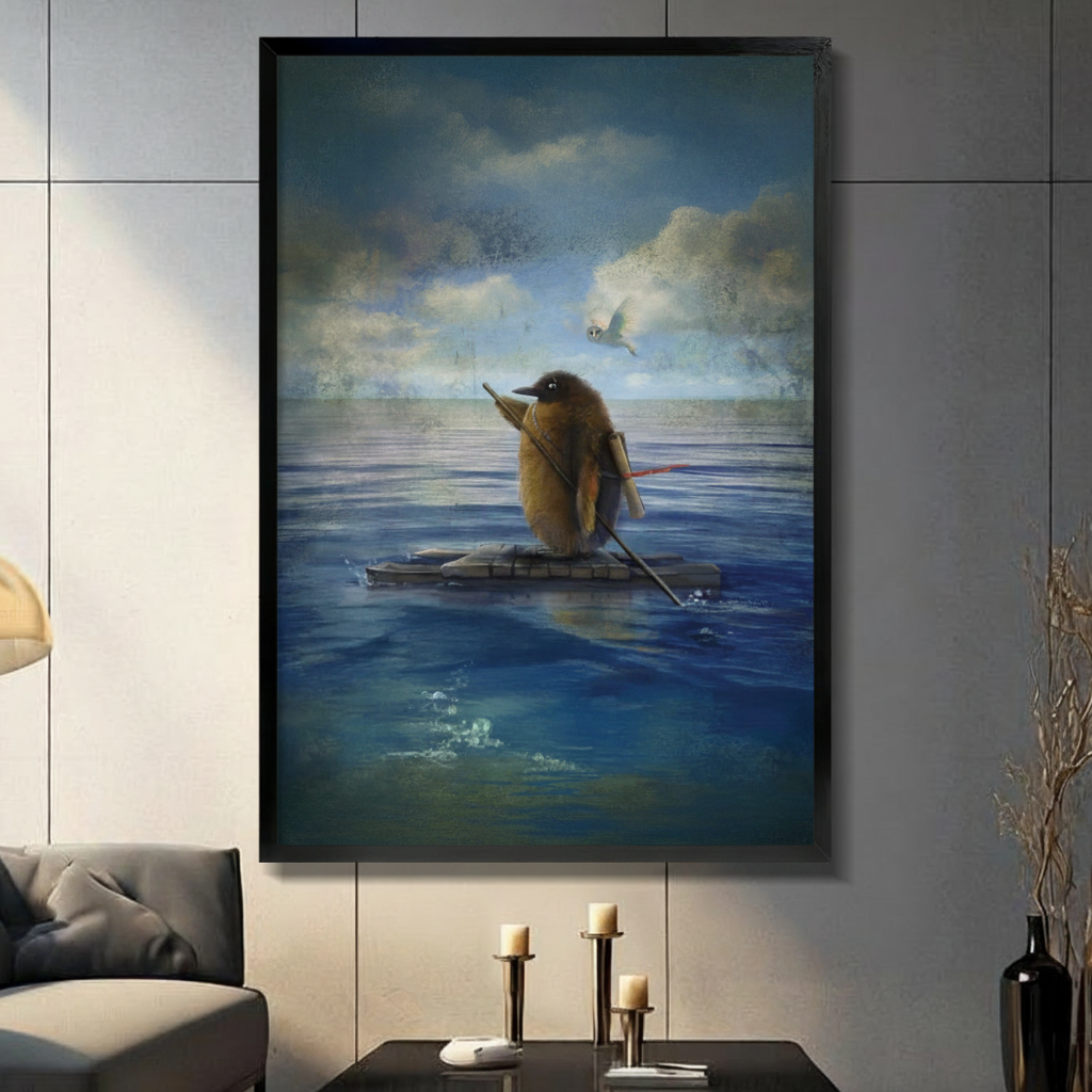 Penguin on Raft Surreal Ocean Canvas Wall Art