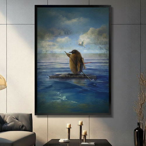 Penguin on Raft Surreal Ocean Canvas Wall Art