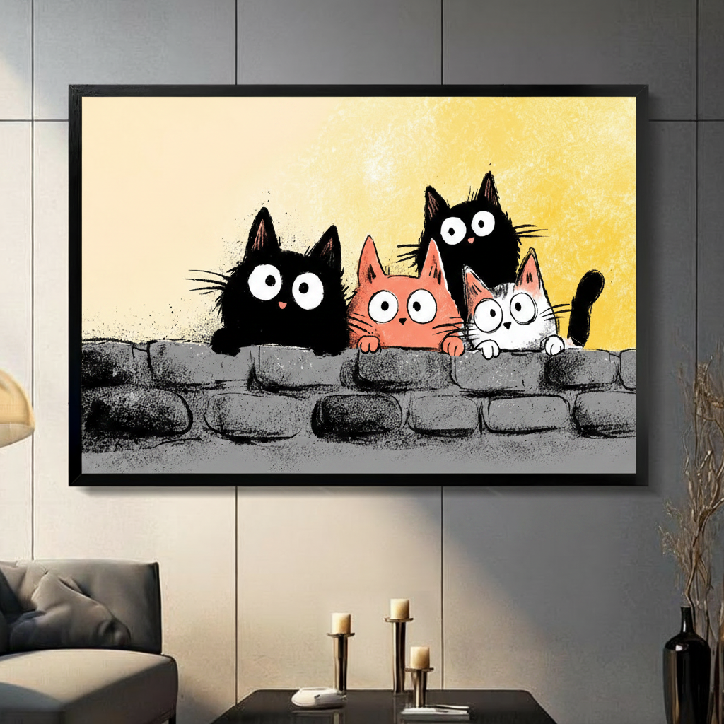 Four Cats Peeking Wall Whimsical Canvas Wall Art