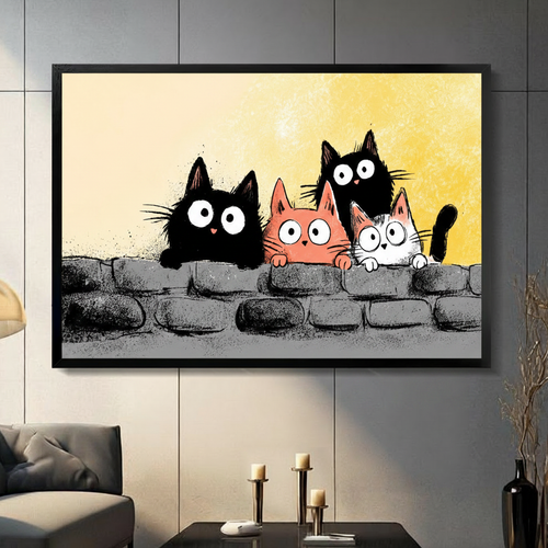 Four Cats Peeking Wall Whimsical Canvas Wall Art