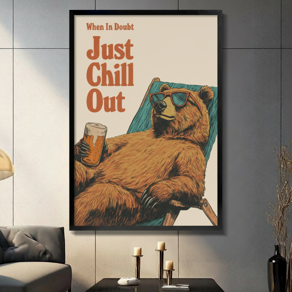 Just Chill Out Bear Beer Retro Canvas Wall Art