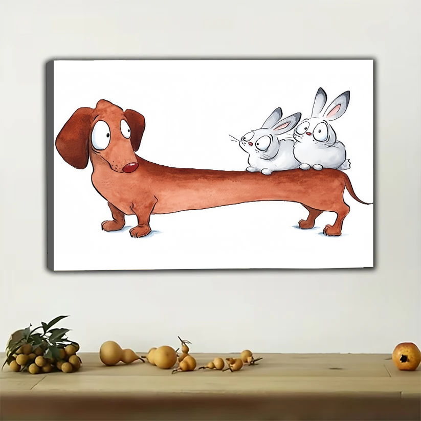 Dachshund with Bunnies Wall Art - Cute Cartoon Print