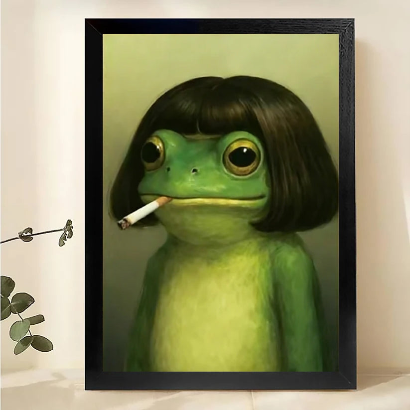 The Cool Frog Figure – Retro Edgy Wall Art on Natural Wood Canvas