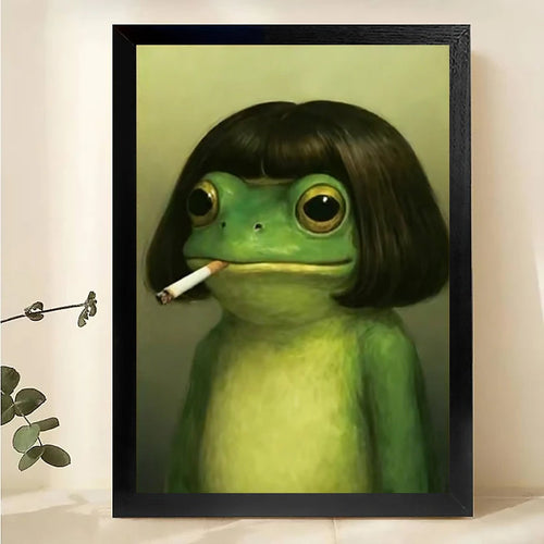 The Cool Frog Figure – Retro Edgy Wall Art on Natural Wood Canvas