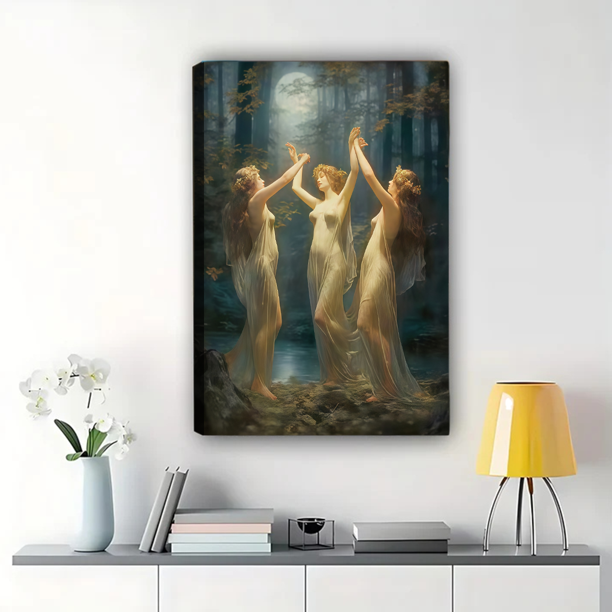 Three Graces Moonlight Forest Art - Classical Nymphs Print Canvas Wall Art