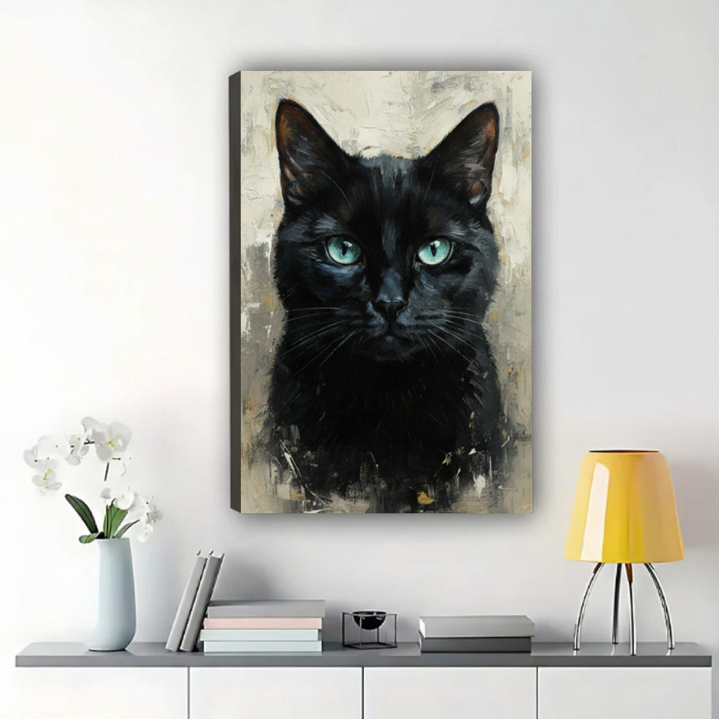 The Sophisticated Black Feline – Oil-Style Realistic Wall Art on Natural Wood Canvas