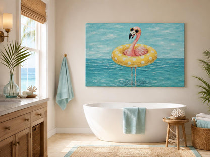 Funny Flamingo With Pool Float And Sunglasses Wall Art - Whimsical Coastal Wall Decor for Beach House