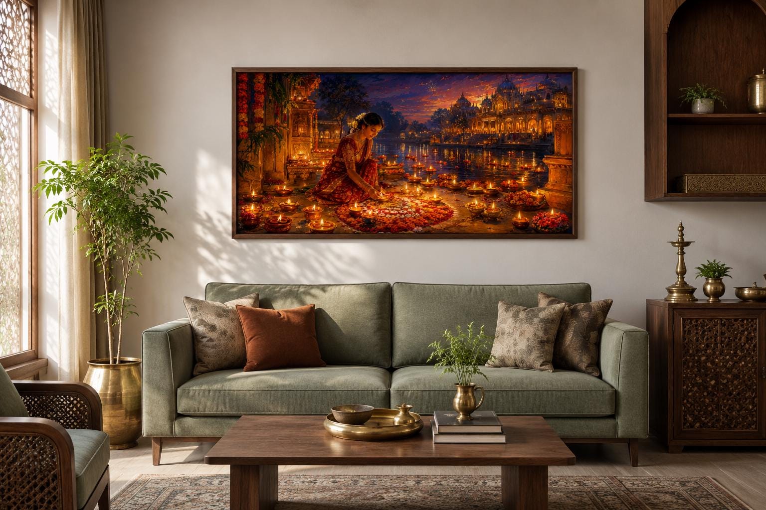 Diwali Canvas Wall Art - Woman Lighting Diyas Indian Festival Painting | Living Room Decor