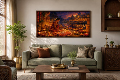 Diwali Canvas Wall Art - Woman Lighting Diyas Indian Festival Painting | Living Room Decor