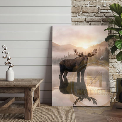 Moose Canvas Misty Lake Reflection Sunrise Canvas Wall Art