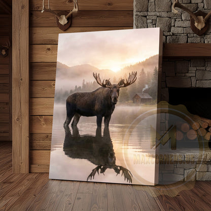 Moose Canvas Misty Lake Reflection Sunrise Canvas Wall Art