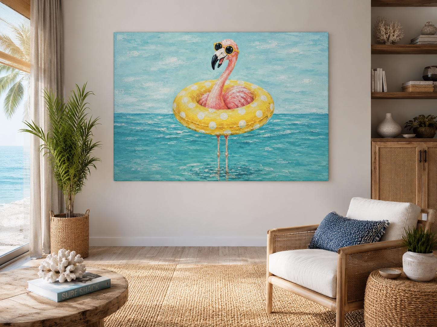 Funny Flamingo With Pool Float And Sunglasses Wall Art - Whimsical Coastal Wall Decor for Beach House