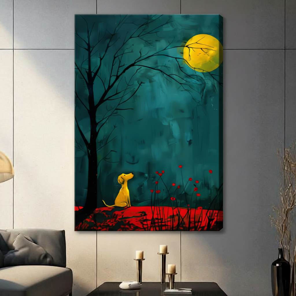 Moonlit Yellow Dog Teal Forest Canvas Art Wall Art