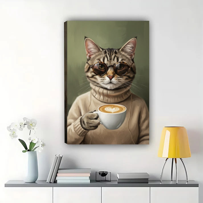 Cool Cat Coffee Canvas Wall Art – Tabby Cat with Sunglasses Print