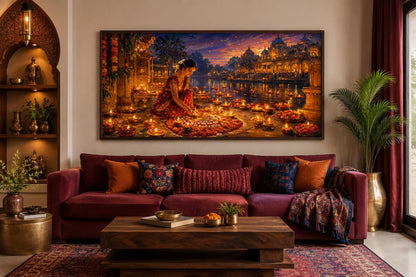 Diwali Canvas Wall Art - Woman Lighting Diyas Indian Festival Painting | Living Room Decor