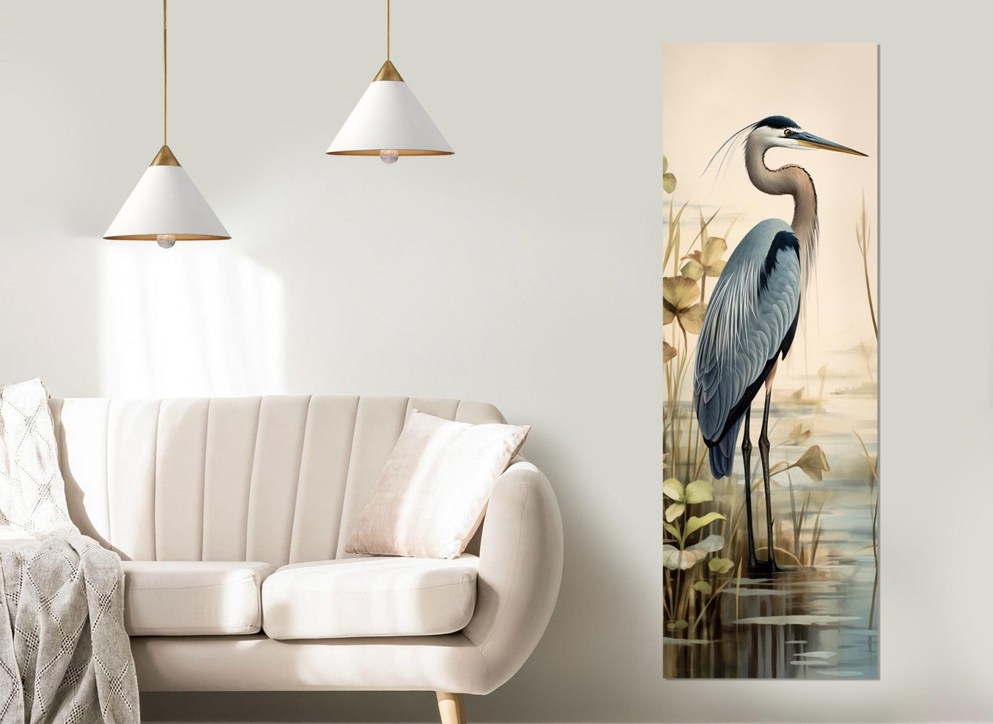 Heron Canvas Print – Vertical Soft Tones Bird Wall Art | Framed & Ready to Hang