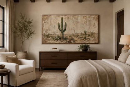 Minimalist Desert With Saguaro Cactus Painted on Neutral Weathered Wood Background Canvas Wall Art