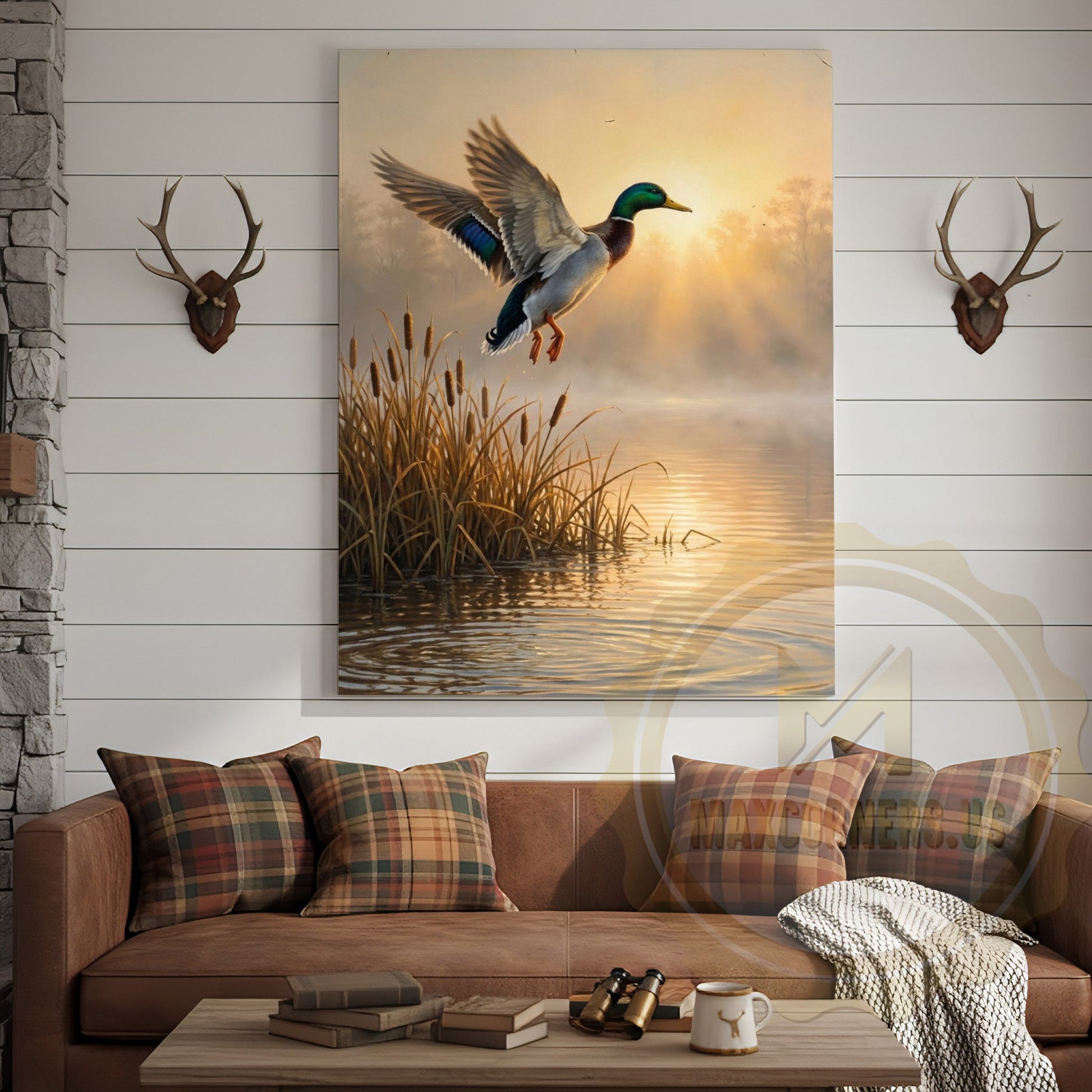 Duck Canvas Flying Sunrise Golden Wetland Canvas Wall Art