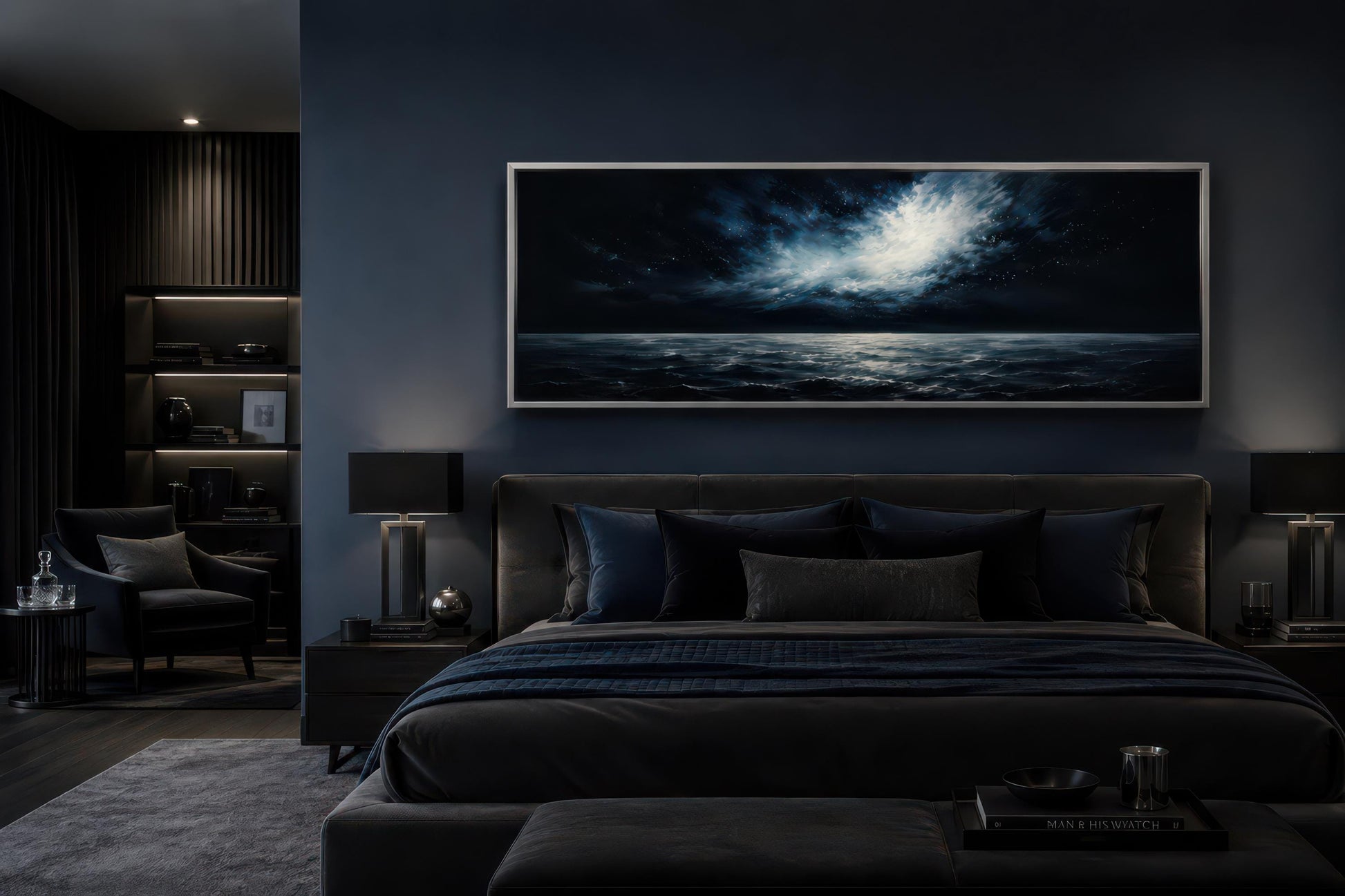 Dark Navy Moonlit Ocean Night Sky Seascape Painting, Moody Masculine Bedroom Decor Canvas Wall Art