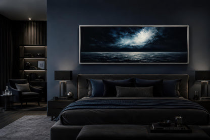 Dark Navy Moonlit Ocean Night Sky Seascape Painting, Moody Masculine Bedroom Decor Canvas Wall Art