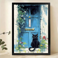 Black Cat at Blue Door Wall Art - Charming Welcome Print