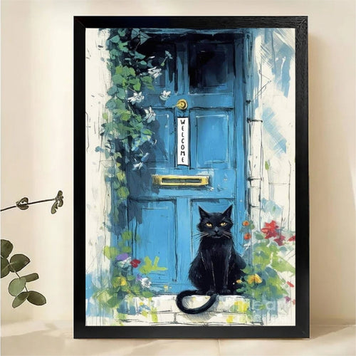 Black Cat at Blue Door Wall Art - Charming Welcome Print
