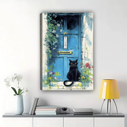 Black Cat at Blue Door Wall Art - Charming Welcome Print