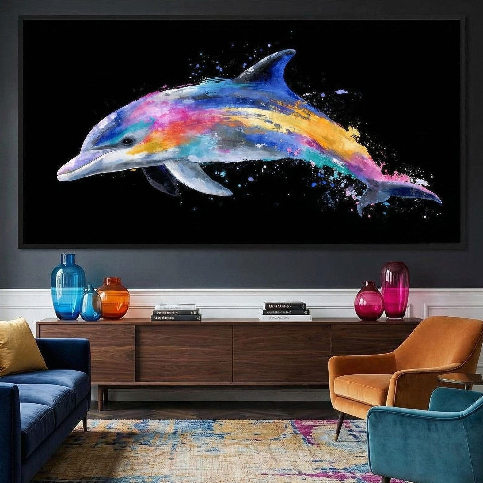 Rainbow Dolphin Splash Flight Canvas Wall Art