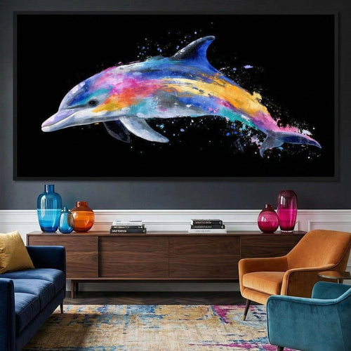 Rainbow Dolphin Splash Flight Canvas Wall Art