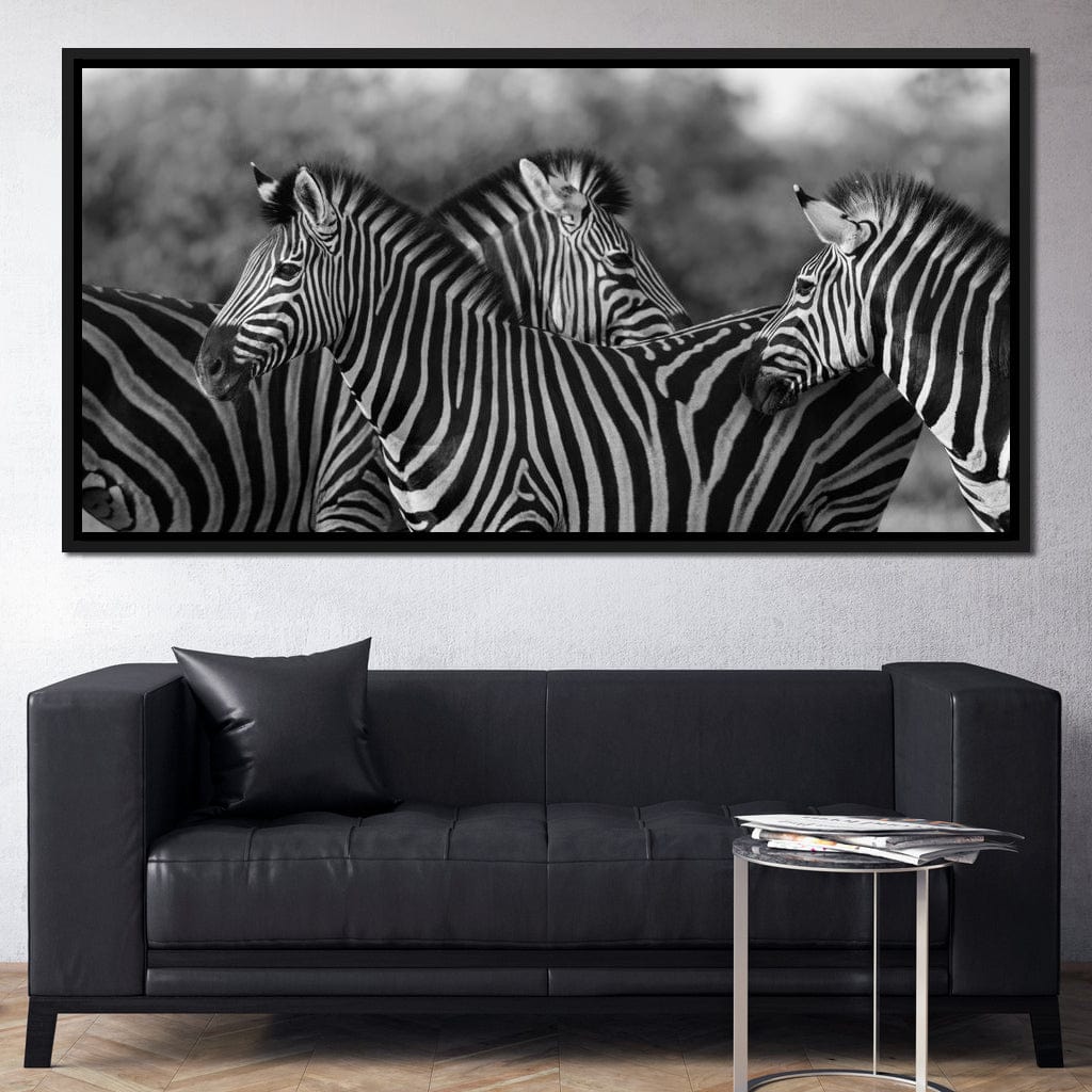 Zebra Herd in Black & White Canvas Wall Art