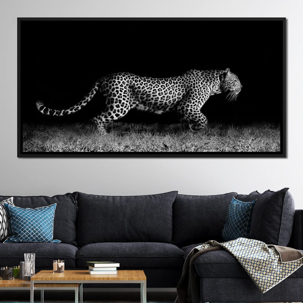 Black and White Jaguar Running Canvas Wall Art