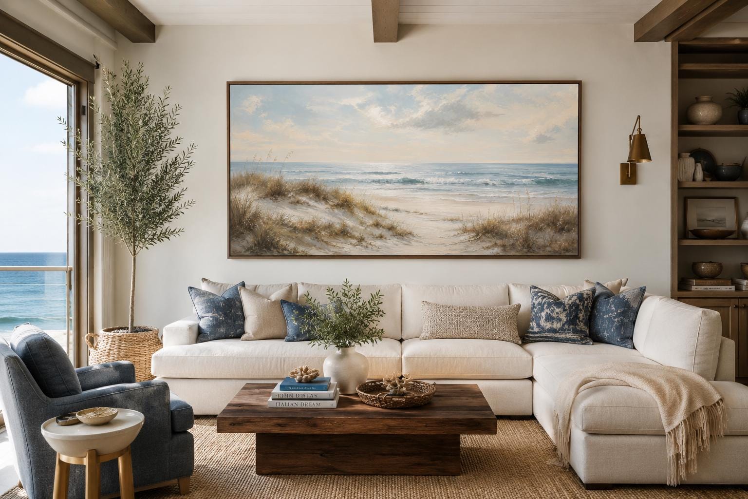 Sandy Beach Dunes with Sea Grass and Rolling Waves Wall Art