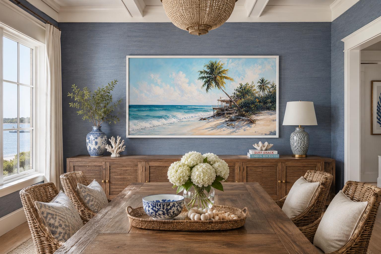 Tropical Beach with Palm Trees and Turquoise Waves, Coastal Wall Art